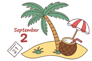 Tropical tree, coconut drink, palm leaf, and Sept 2 calendar, island-themed vector