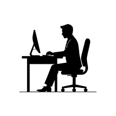 A black and white silhouette of a businessman seated at a desk, working on a computer.