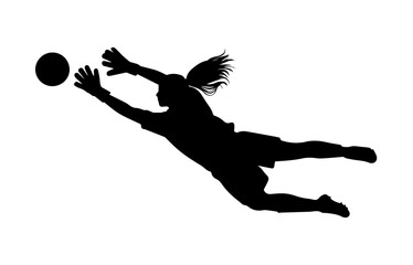 A dynamic silhouette of a female soccer goalkeeper in mid-air, diving to catch the ball.
