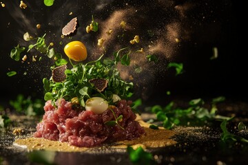 Beef tartar with microgreens, truffle, egg yolk and mustard dust
