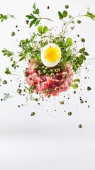 Gourmet Tartar with Egg and Capers in Floating Composition