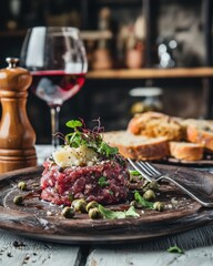 Raw Beef Tartar with Cheese and Wine in Rustic Style