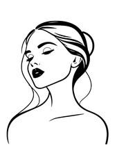 A simple line drawing of a woman with long, flowing hair styled in an elegant updo, seen in profile.
