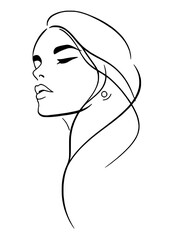 A minimalist line drawing of a woman's profile, featuring flowing hair and an expressive eye, conveying elegance and simplicity.