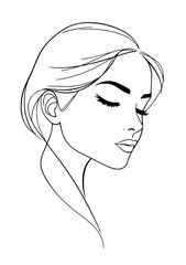 A minimalist line drawing of a woman's profile with long hair, emphasizing graceful facial features and an elegant hairstyle.