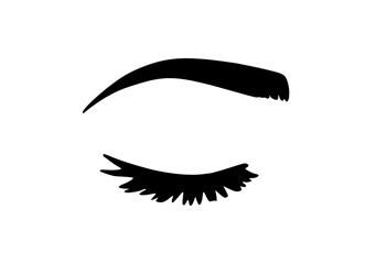 Silhouette of a closed eye with stylized lashes and an arched eyebrow, captured in a minimalist black design on a white background.