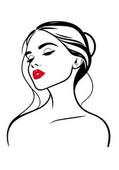 Silhouette of a woman with long, flowing hair styled in an elegant updo, facing slightly to the left. Minimalist line art style.
