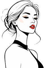 Elegant line art of a woman in profile, showcasing a stylish updo and a black top, conveying a sense of sophistication and grace.