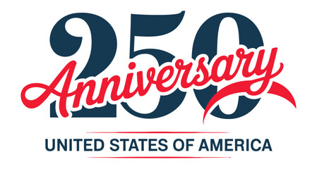 250th Anniversary USA Celebration Logo Design Featuring Bold Blue Numerals, Red Cursive Typography, and Patriotic Color Theme