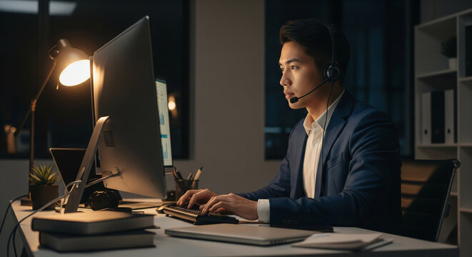 Focused professional manager managing remote work late at night in modern office using advanced technology tools, with headset, close-up