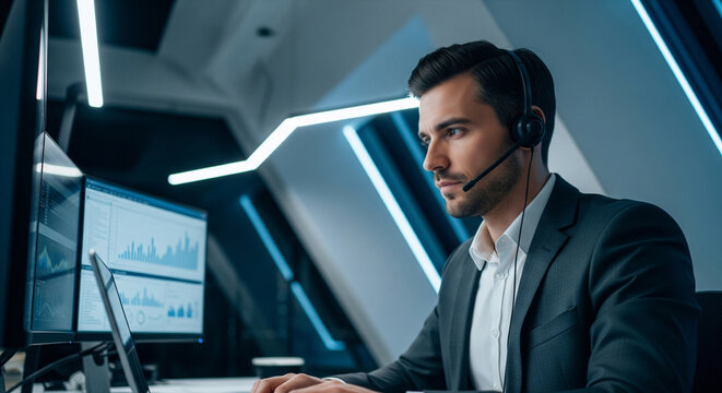 Focused professional manager managing remote work late at night in modern office using advanced technology tools, with headset, close-up - Powered by Adobe