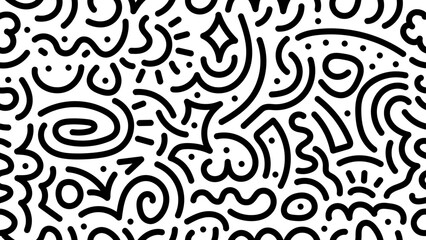 Fototapeta premium Doodle geometric seamless pattern background. Monochrome retro abstract style shapes 80s 90s Cute kid doodle design pattern. Vector illustration.