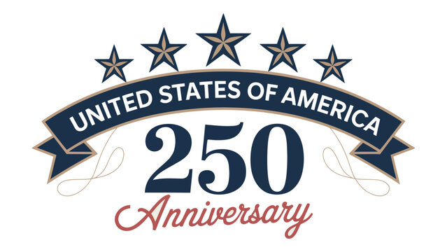united states 250th anniversary celebration emblem with patriotic stars and banner in red, white, and blue graphic design