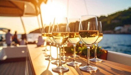 Wine glasses lined up on a yacht with sunset light over water and green hills.