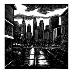 Beautiful Raining Cloudy Empty City Landscape Street Black and White Outline Line Art Drawing