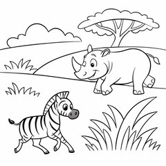 Rhino and Zebra a baby rhino and a zebra walking side by side on the savannah