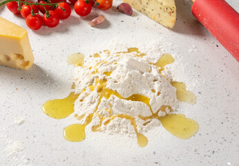 Ingredients for cooking Fried and pizza pastry with minced meat on light background.