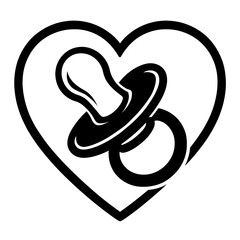 Black and White Heart Outline with Baby Pacifier Icon - Symbol of Baby Care, Love, and Parenthood