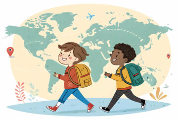 Cartoon vector illustration of diverse school children and a woman walking on the world with a globe