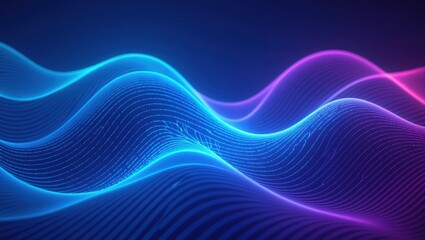 Abstract neon waveform landscape with cyan and magenta hues on a dark blue background