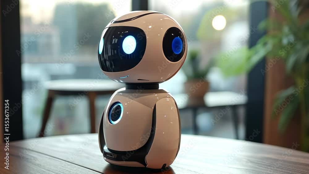 Poster innovative artificial intelligence robot engaging with humans in a modern tech environment, system a