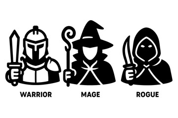 Classic Fantasy RPG Character Classes Vector Icons - Warrior Mage Rogue Silhouette Set