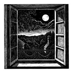 Fototapeta premium A Beautiful Moonlit Night View from an Open Window Black and White Outline Line Art Drawing of a Village Landscape