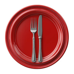 3D icon of a red plate with a knife and fork, top view, isolated on a transparent background in PNG format.
