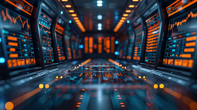 Futuristic server room with glowing screens and panels.