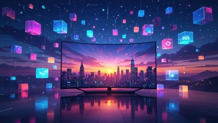 Futuristic cyberpunk cityscape displayed on a curved screen surrounded by floating digital cubes