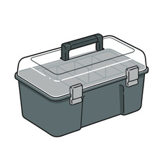 Plastic toolbox with compartments, transparent lid and handle in gray color on transparent background
