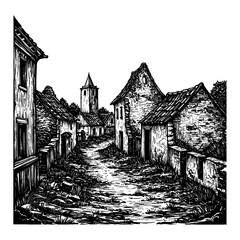 Beautiful Empty Village Ruins Landscape Black and White Outline Line Art Drawing of Old Rural Houses and Church Tower