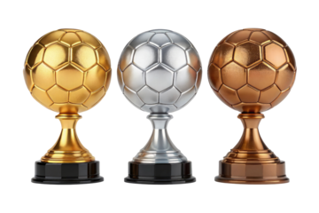 Gold silver and bronze football trophies isolated on transparent background