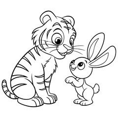 Tiger Cub and Bunny a playful tiger cub gently tapping a fluffy bunny, both smiling with big eye