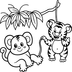 Obraz premium Tiger Cub, Elephant, and Monkey a baby tiger, a joyful elephant, and a monkey swinging from a branch together