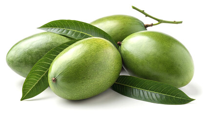 Group of Green Mangoes with Leaves on White Background