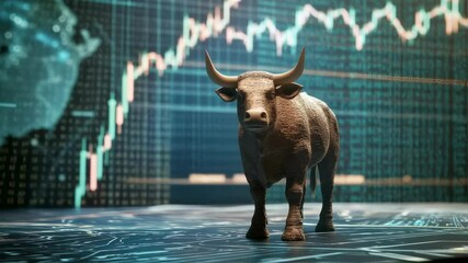 Dynamic bull symbolizing market trends with data visualizations - Powered by Adobe