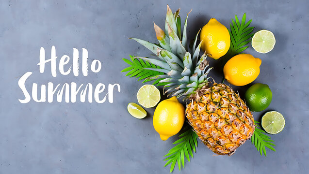 Vibrant Summer Fruit Flatlay: Pineapple, Lemons, Limes, Palm Leaves on Gray Background