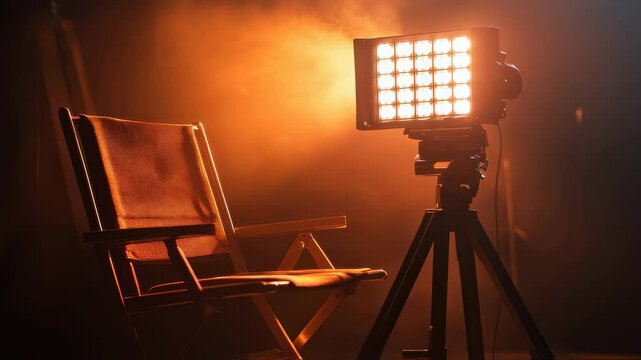 Warm studio ambiance with spotlit chair and glowing light source