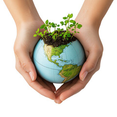 Hands gently cradle a small globe with green sprouts growing from the soil isolated on transparent background