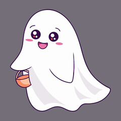 Cute Cartoon Ghost Holding Halloween Candy Bucket