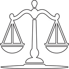 Vector illustration of a balance scale with black editable stroke on transparent background ideal for legal icons, justice system graphics, law firm branding, infographics, and business concepts
