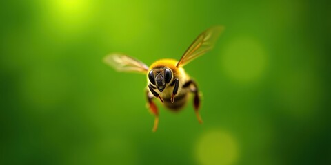 A close-up of a bee in flight, showcasing its intricate details against a vibrant green background, highlighting the beauty of nature and pollination.