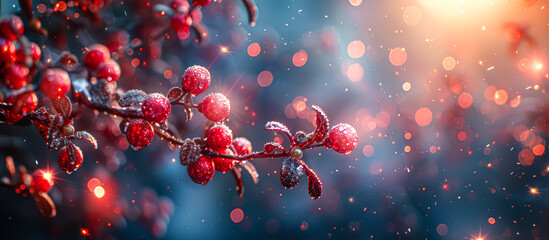 Branch of red berries with snow on it. The snow is falling and the berries are frozen