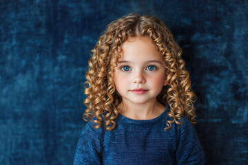 A curly-haired little girl, blonde with blue eyes wearing blue clothes.