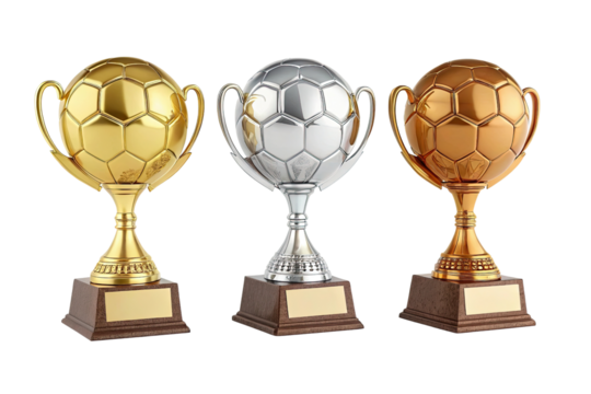 Gold silver and bronze soccer trophies with wooden bases isolated on transparent background - Powered by Adobe
