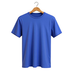 Plain blue short sleeve t shirt hanging on a wooden clothes hanger isolated on transparent background