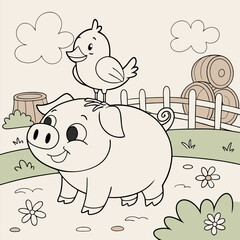 Chick and Piglet a tiny chick standing on the head of a smiling piglet, both in a barnyard