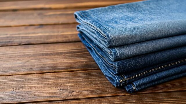 Folded denim pants stack on rustic wood surface casual fashion still life