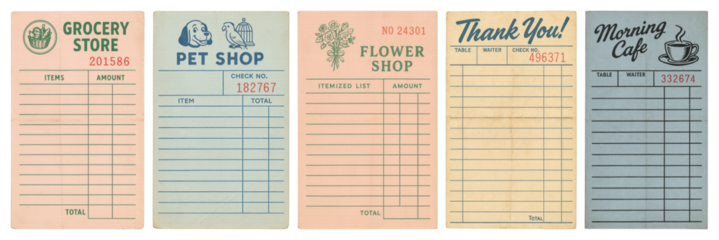 PNG Vintage receipt templates collection, element set on transparent background